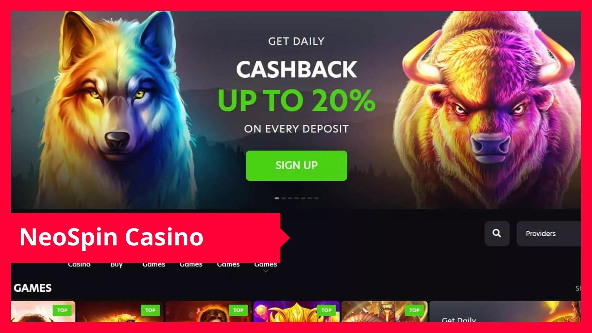 Neospin Casino interface showing game lobby and login panel